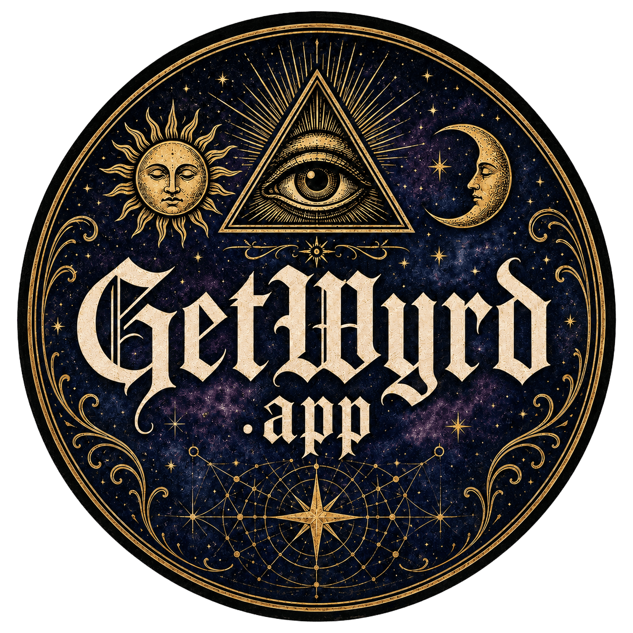 GetWyrd gold celestial seal with the sun, moon, and all-seeing eye