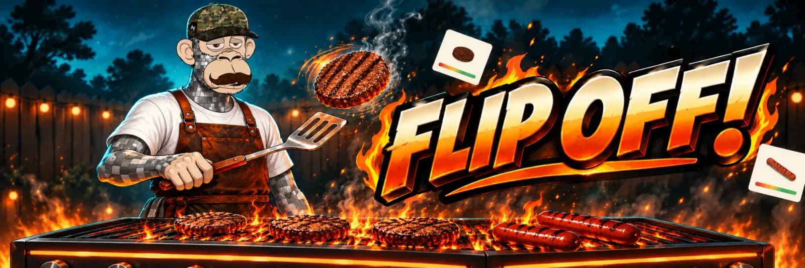 Flip Off! An ape in an apron flipping burgers on a flaming backyard grill.