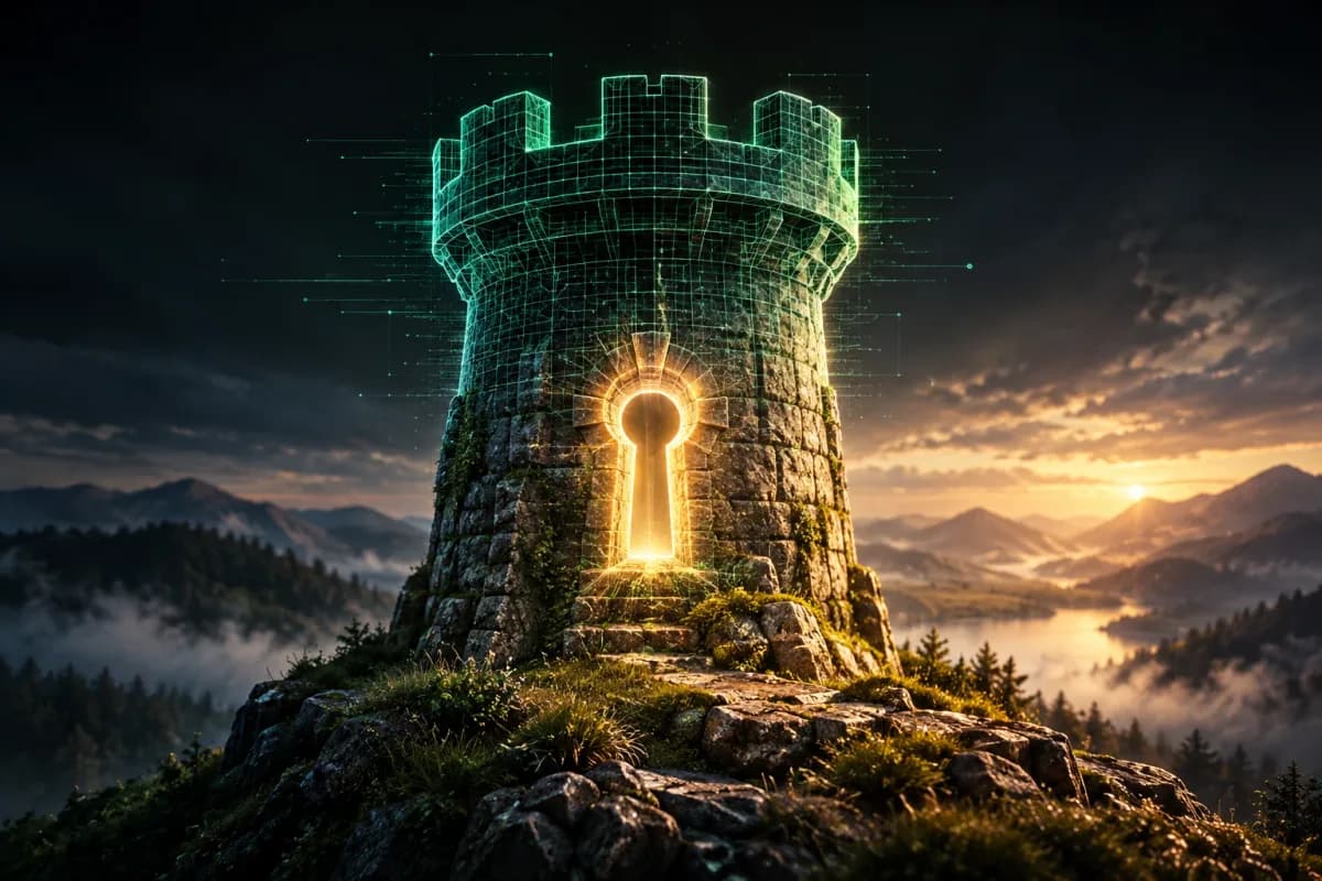 A stone keep at sunset with a glowing keyhole, its top turned to green wireframe