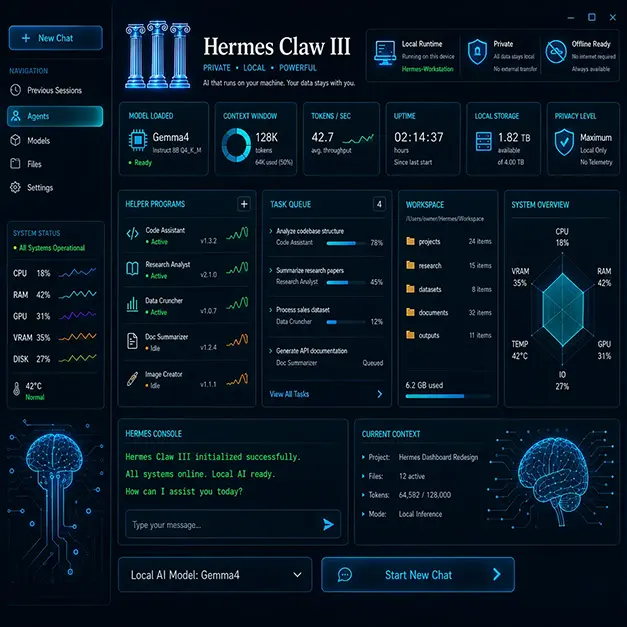 Self-hosted AI control panel showing model loaded, context window, tokens-per-second, task queue, and offline-ready privacy indicators, illustrating what it looks like to own and operate AI as infrastructure rather than rent it as a subscription