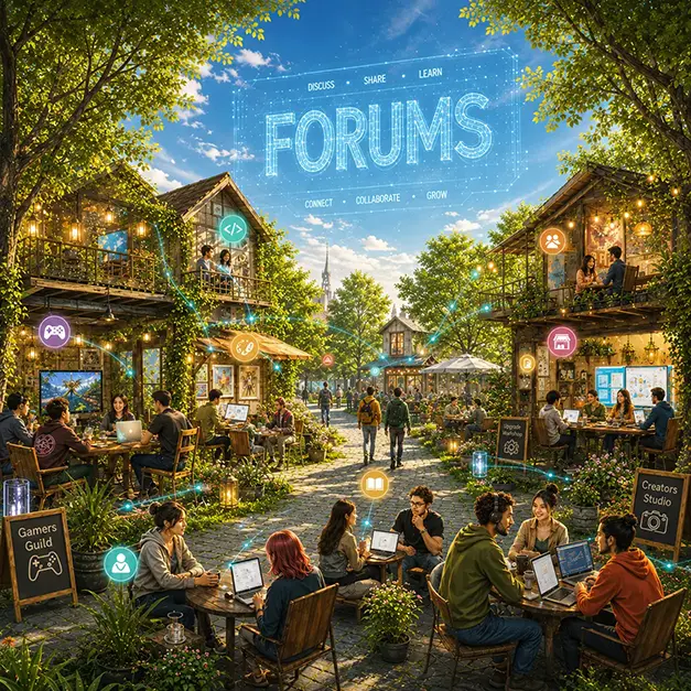 Cozy community village at twilight where people work at laptops in distinct outdoor lounges for Forums, Gamers Guild, and Creators Studio connected by glowing channel icons, illustrating how a well-built community gives each interest its own home while staying part of one place