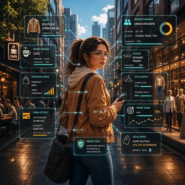 Young shopper on a city street overlaid with audience-segment analytics (style match, intent score, purchase signals, nearby offers), illustrating how invisible signals already drive every conversion decision being made about your customers