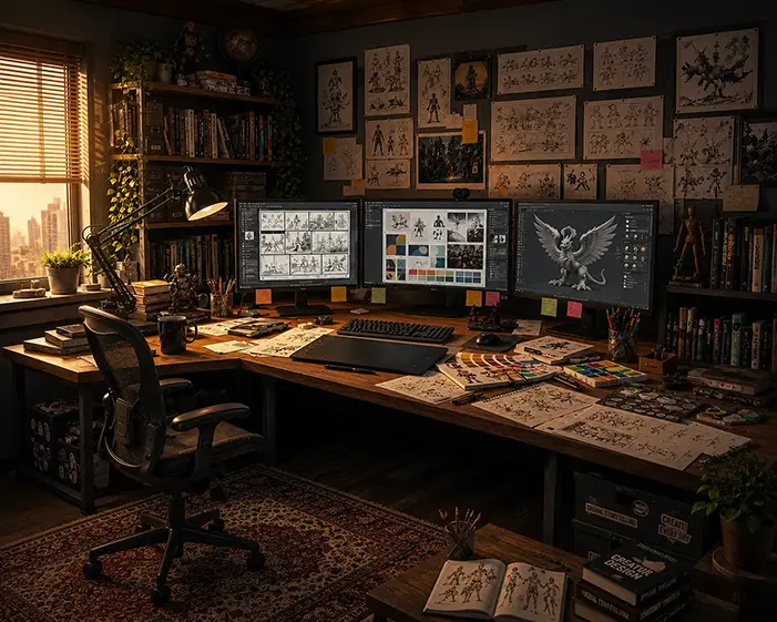 Designer’s creative workstation with three monitors showing concept art, color palettes, and character studies surrounded by sketches and reference books, illustrating the craft and iteration behind every conversion choice that looks effortless