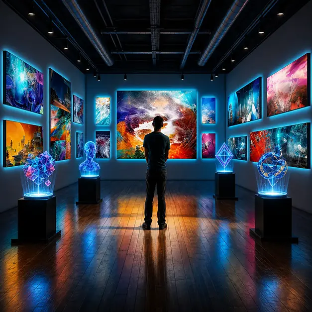 Digital art gallery with NFT-style displays of illuminated abstract paintings on the walls and glowing 3D objects on plinths, illustrating digital ownership and provenance as exhibitable assets rather than abstract financial instruments