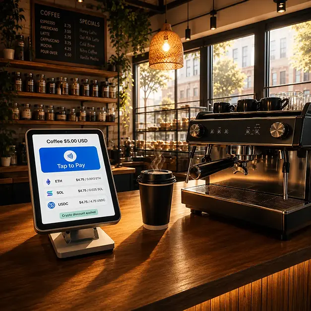 Coffee shop point-of-sale terminal accepting crypto (ETH, SOL, USDC) tap-to-pay for a $5 coffee, illustrating crypto as a checkout option layered on top of existing commerce instead of a parallel economy that requires customers to switch worlds